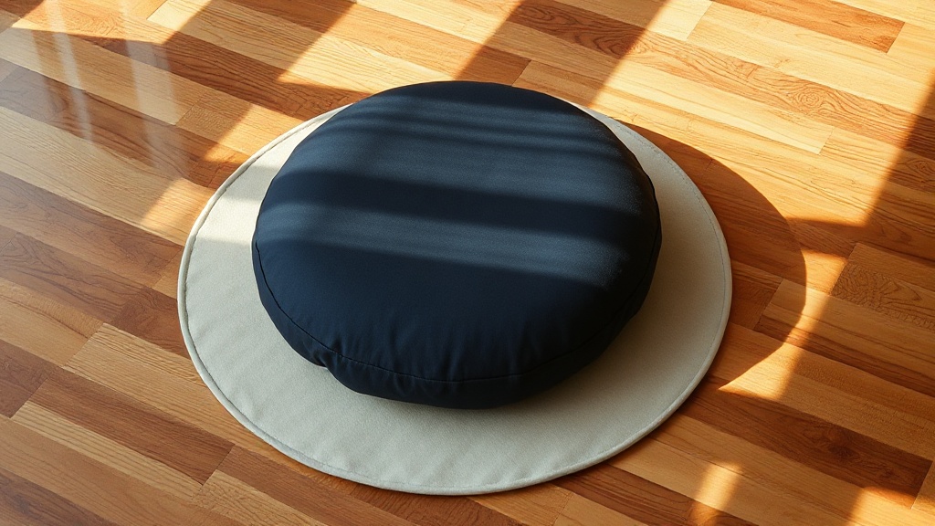 Round zafu cushion placed on a zabuton mat on a hardwood floor, the traditional pairing for seated Buddhist meditation