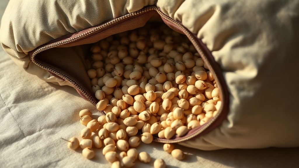 Buckwheat hull fill spilling from an unzipped zafu cushion, showing the natural fill material used in meditation cushions