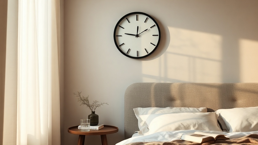 Minimalist black wooden wall clock above a bed in a Scandinavian-style bedroom