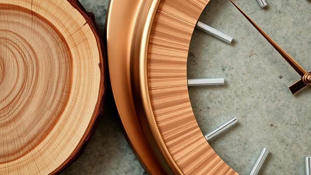 Close-up comparison of three wall clock materials: bamboo wood, brushed copper metal, and glass