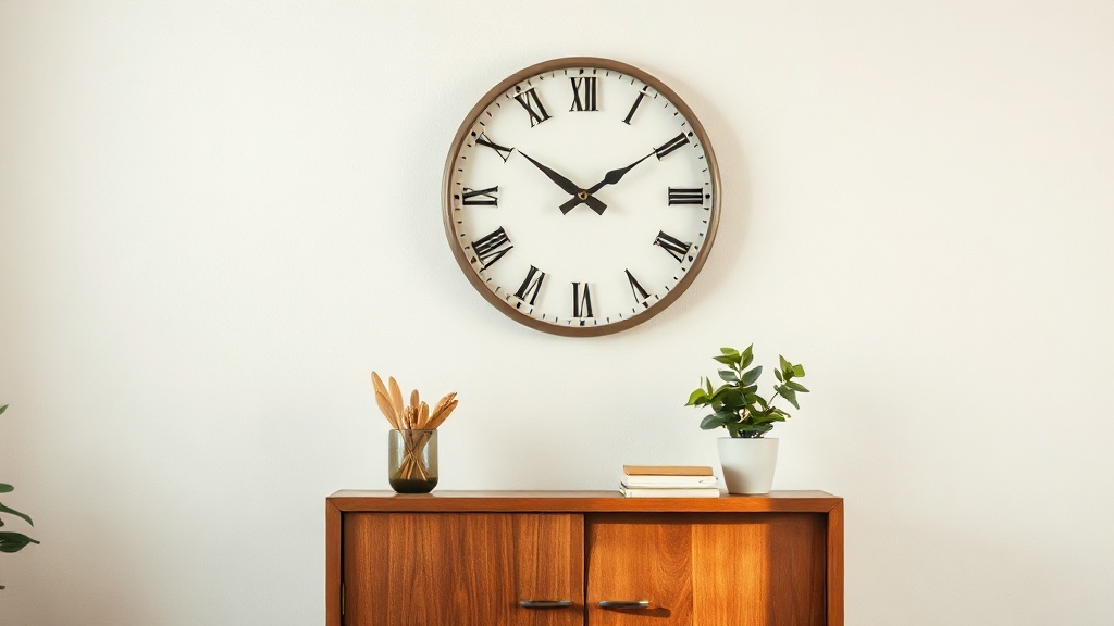 Large industrial metal wall clock mounted above a wooden sideboard in a modern living room