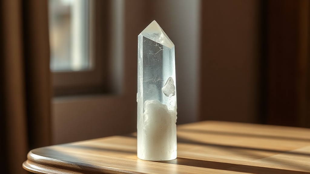Polished selenite tower on a wooden surface with warm side lighting showing translucent crystal interior