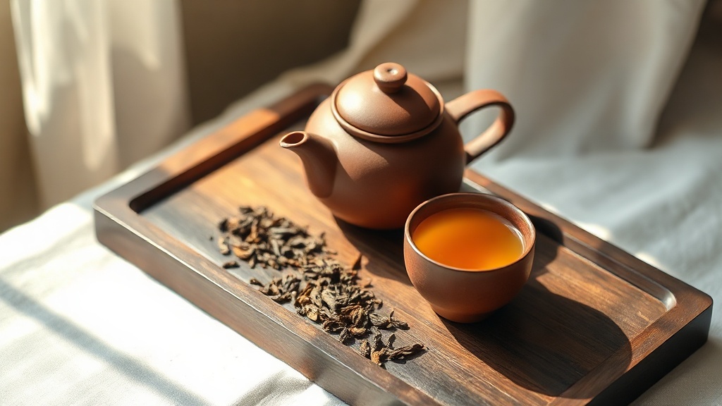 Petite théière en argile yixing avec deux tasses d'oolong ambré sur un plateau en bois sombre