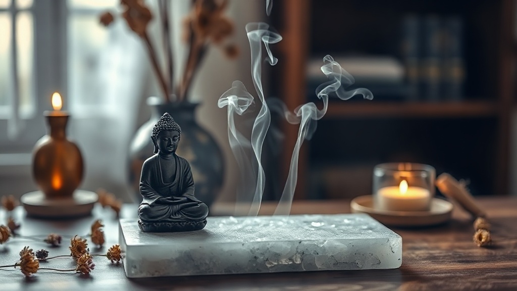 Selenite slab placed beneath a small Buddha figurine on a home altar with incense and candlelight