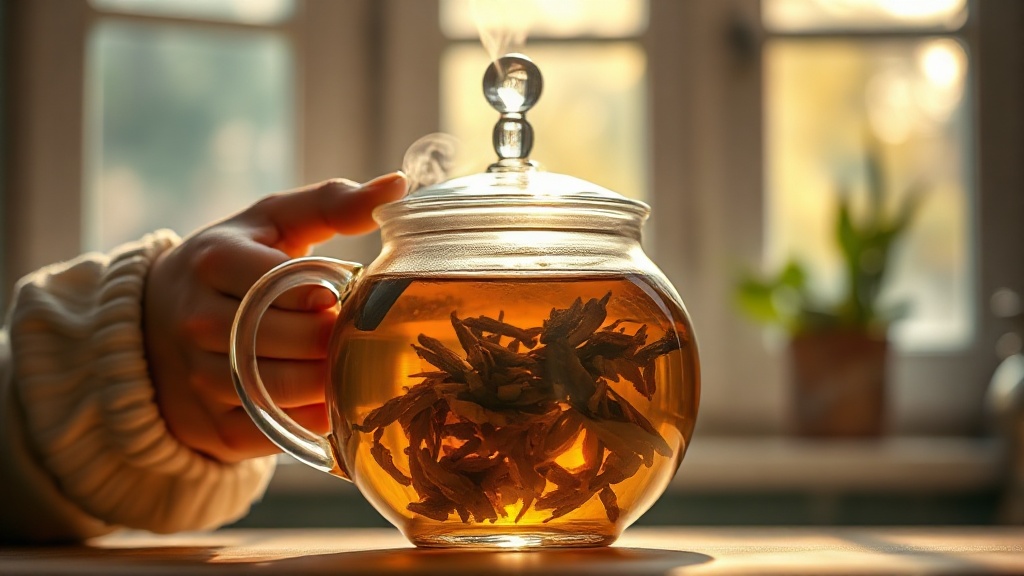 Mains tenant une théière en verre remplie de thé oolong doré avec des feuilles visibles en infusion