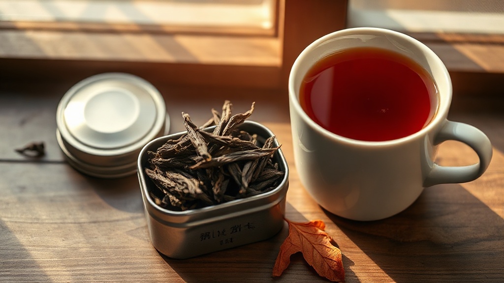 Tasse de thé oolong ambré posée près d'une boite ouverte de feuilles roulées séchées sur une table en bois
