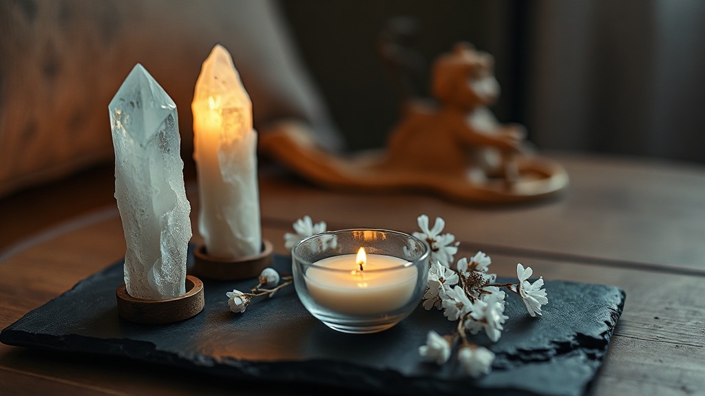 Selenite wands and a selenite bowl arranged on a dark slate tray with dried flowers and a candle