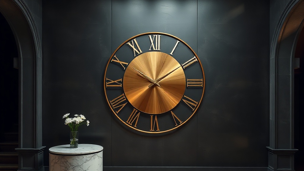 Large gold circular designer wall clock on a dark charcoal feature wall in a luxury interior