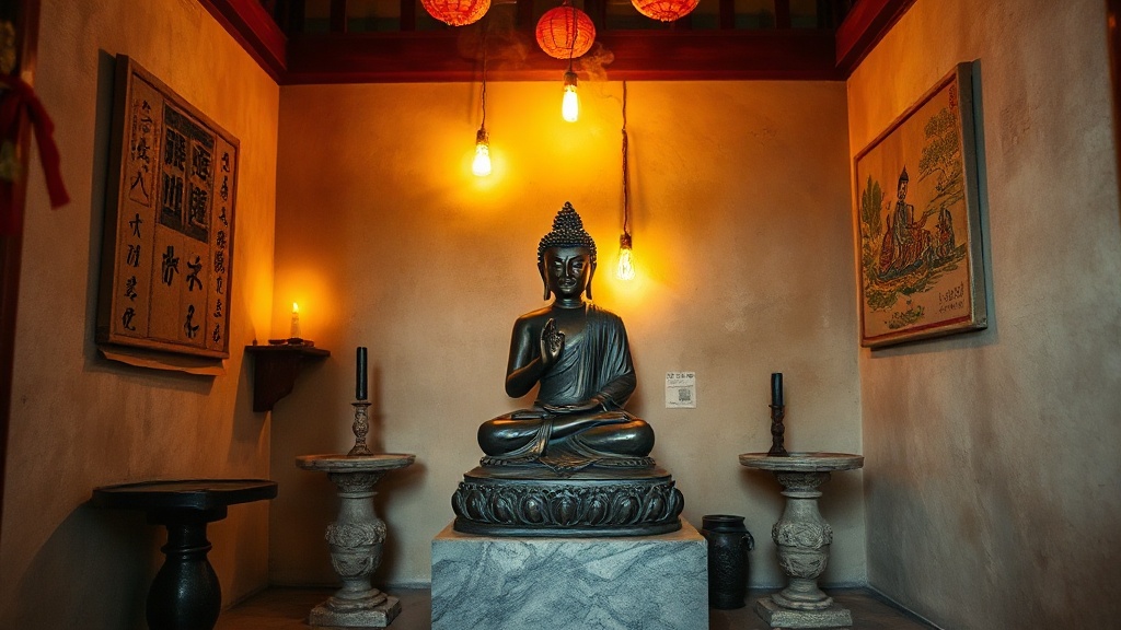 Salle de culte du premier niveau de la pagode : statue de Vairocana en bronze sur piédestal en calcaire, lumière dorée et fumée d'encens
