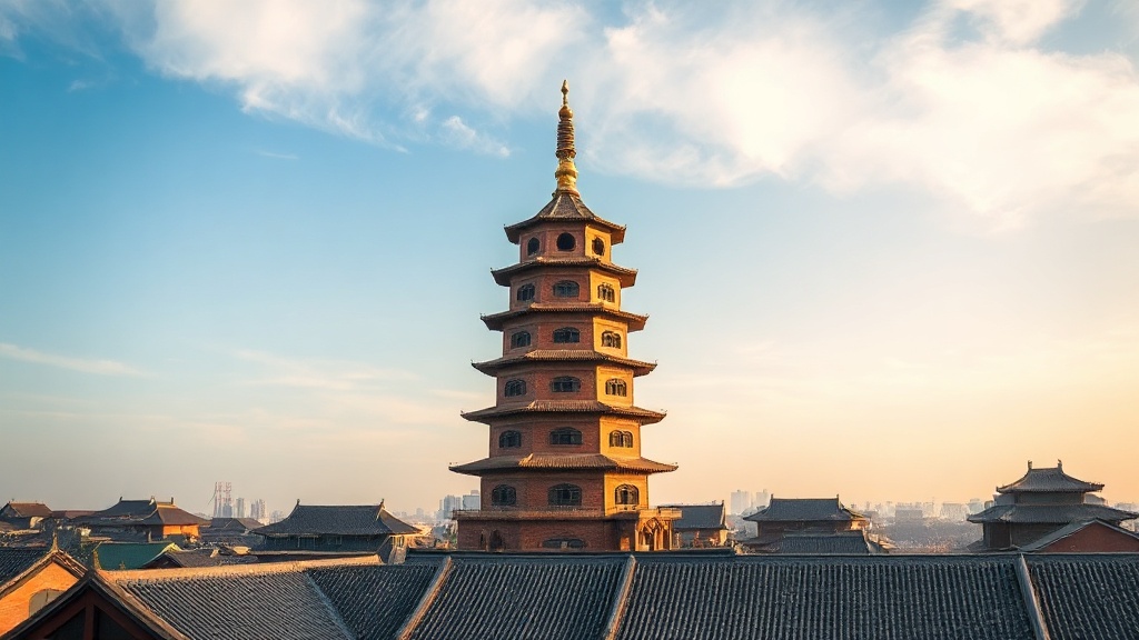 La pagode Wanbu-Huayanjing vue depuis la vieille ville de Hohhot, ses sept niveaux octogonaux en briques grises se détachant sur le ciel