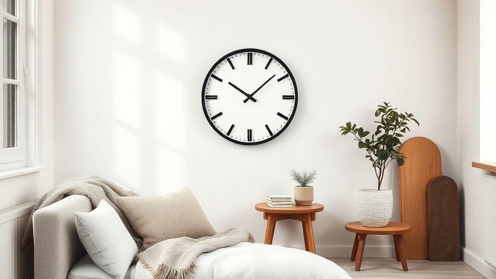 Black Scandinavian bamboo wall clock on white plaster wall with Nordic interior styling