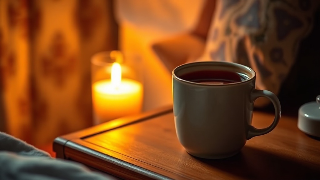 Tasse de rooibos rouge chaud posée sur une table de nuit en bois, ambiance détente du soir