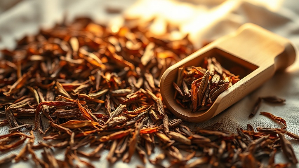 Feuilles de rooibos séchées en vrac sur un tissu de lin naturel, couleur acajou caractéristique