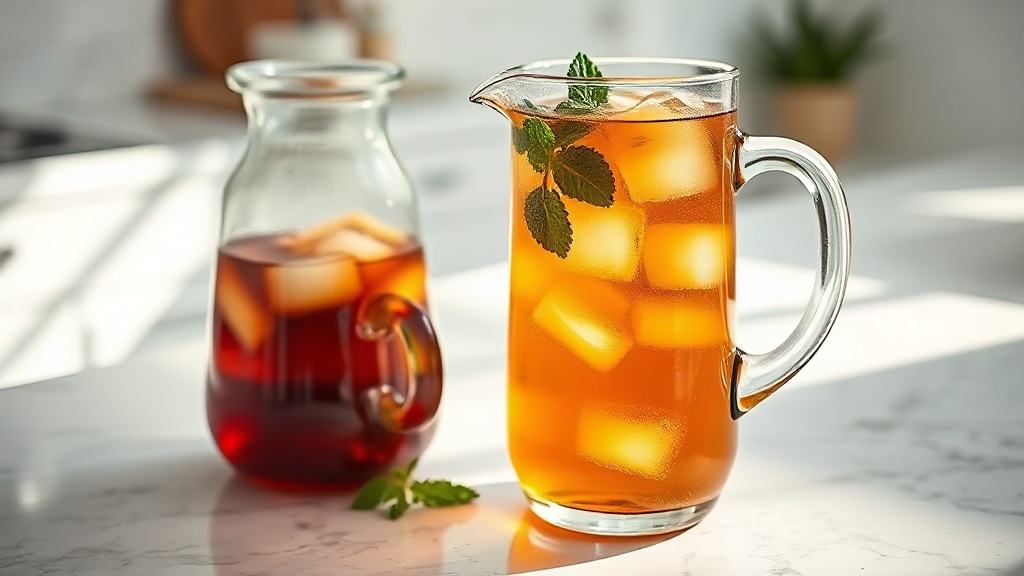 Pichet en verre de rooibos infusé à froid avec des feuilles de menthe fraîche et des glaçons