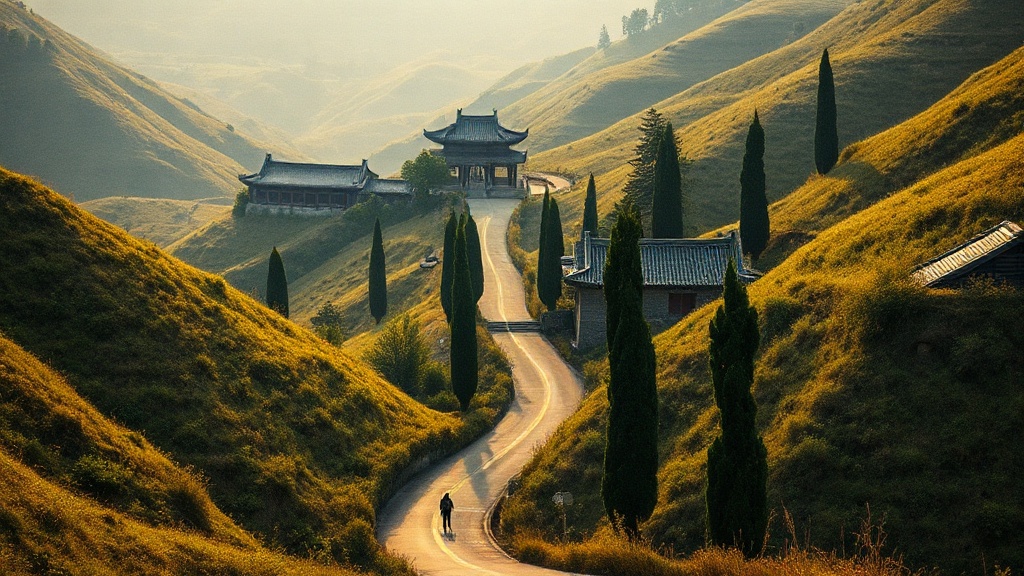 Route d'accès sinueuse vers le temple de Yanfu dans les collines du Hunan