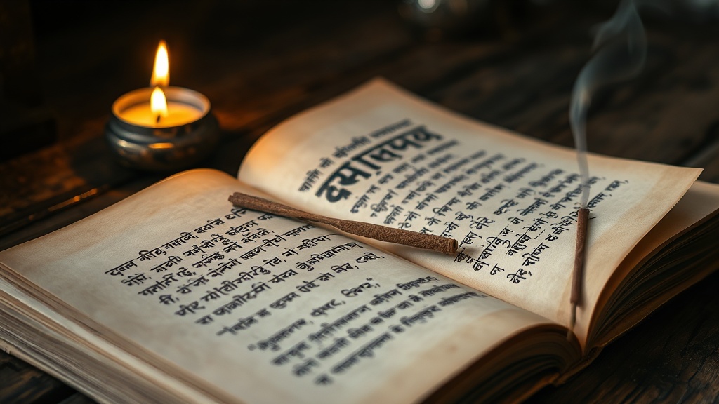 Open Sanskrit manuscript beside burning incense, evoking the study of Nagarjuna's Mulamadhyamakakarika