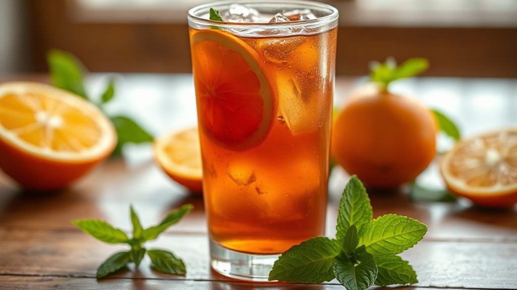 Grand verre de rooibos glacé avec tranches d'orange et menthe fraîche sur une table en bois