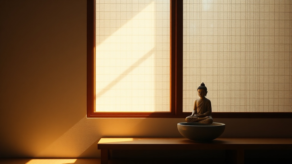 Minimal Zen meditation space with wooden Buddha figure, representing the intersection of Nagarjuna's thought and Chan-Zen tradition