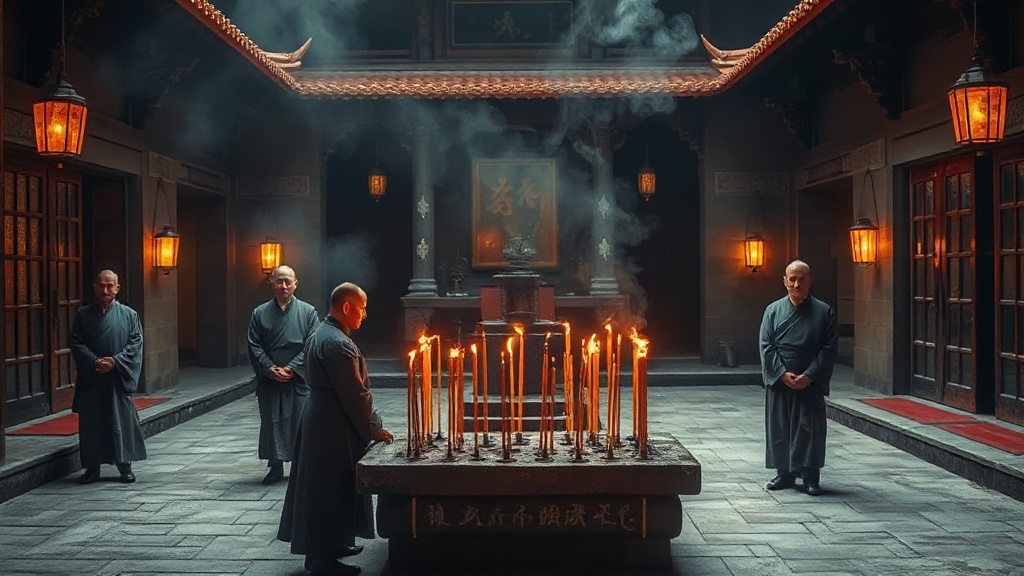 Cérémonie matinale dans la cour intérieure du temple de Yanfu lors d'un jour de pèlerinage
