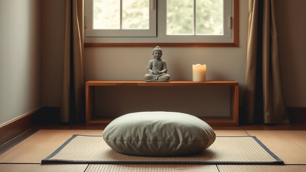 A home meditation corner with zafu cushion on zabuton mat, facing a small altar with a stone Buddha figurine and candle