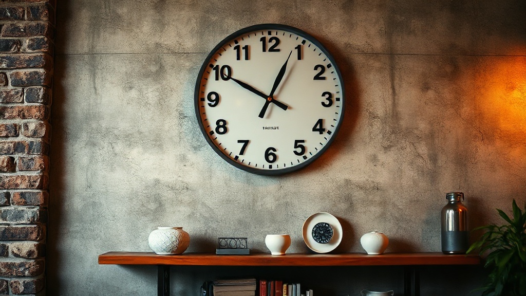 Large industrial metal wall clock mounted on a concrete wall with warm interior lighting