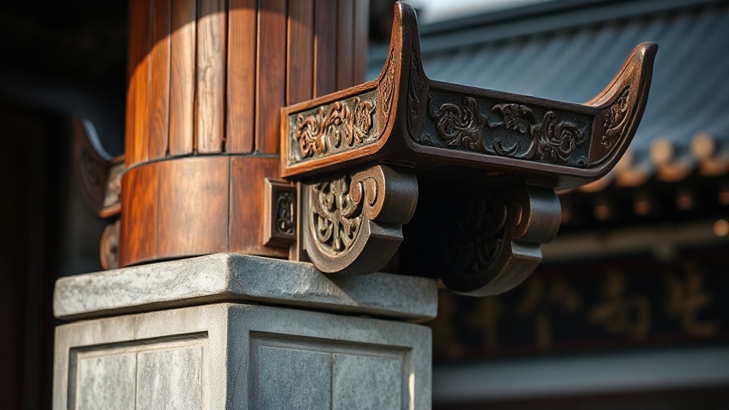 Détail des consoles en encorbellement dougong en bois de camphor du temple de Yanfu