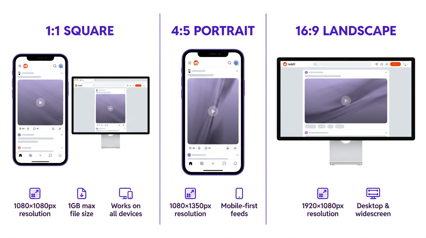 Reddit video ad aspect ratio comparison infographic showing 1:1, 4:5, and 16:9 specs