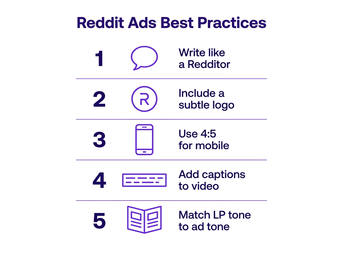 Reddit ads best practices infographic showing five actionable creative tips