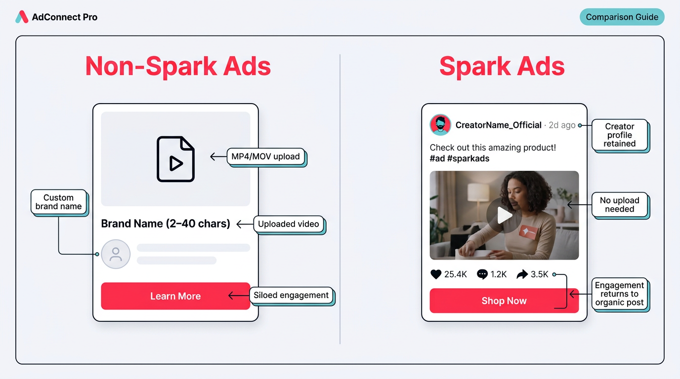 TikTok Spark Ads vs non-Spark Ads comparison infographic showing creative differences