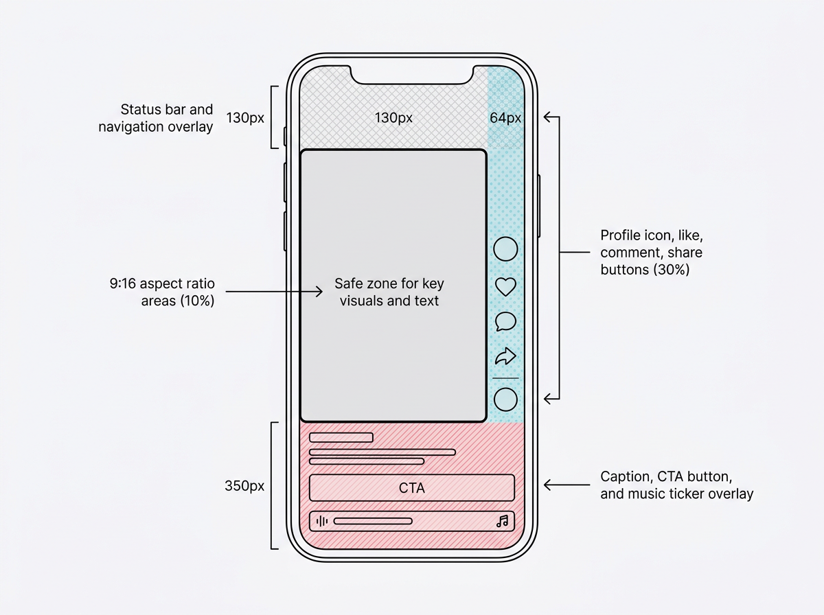 TikTok safe zone diagram showing UI overlay areas on a vertical phone screen