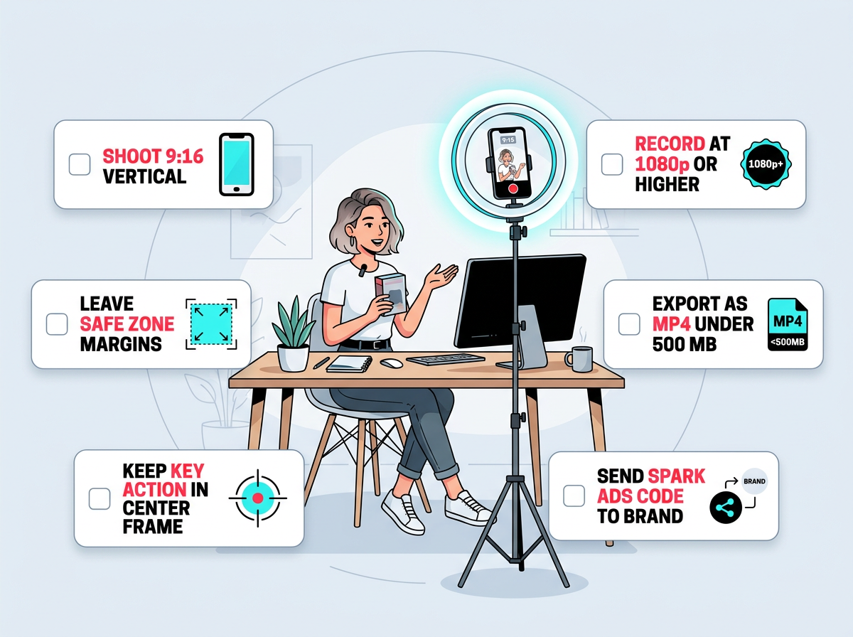 UGC creator checklist illustration for TikTok ad specs and safe zone guidelines