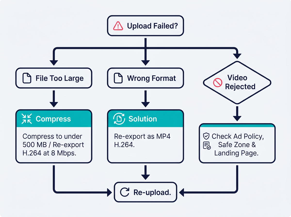 TikTok ad upload troubleshooting flowchart for file size, format, and rejection issues