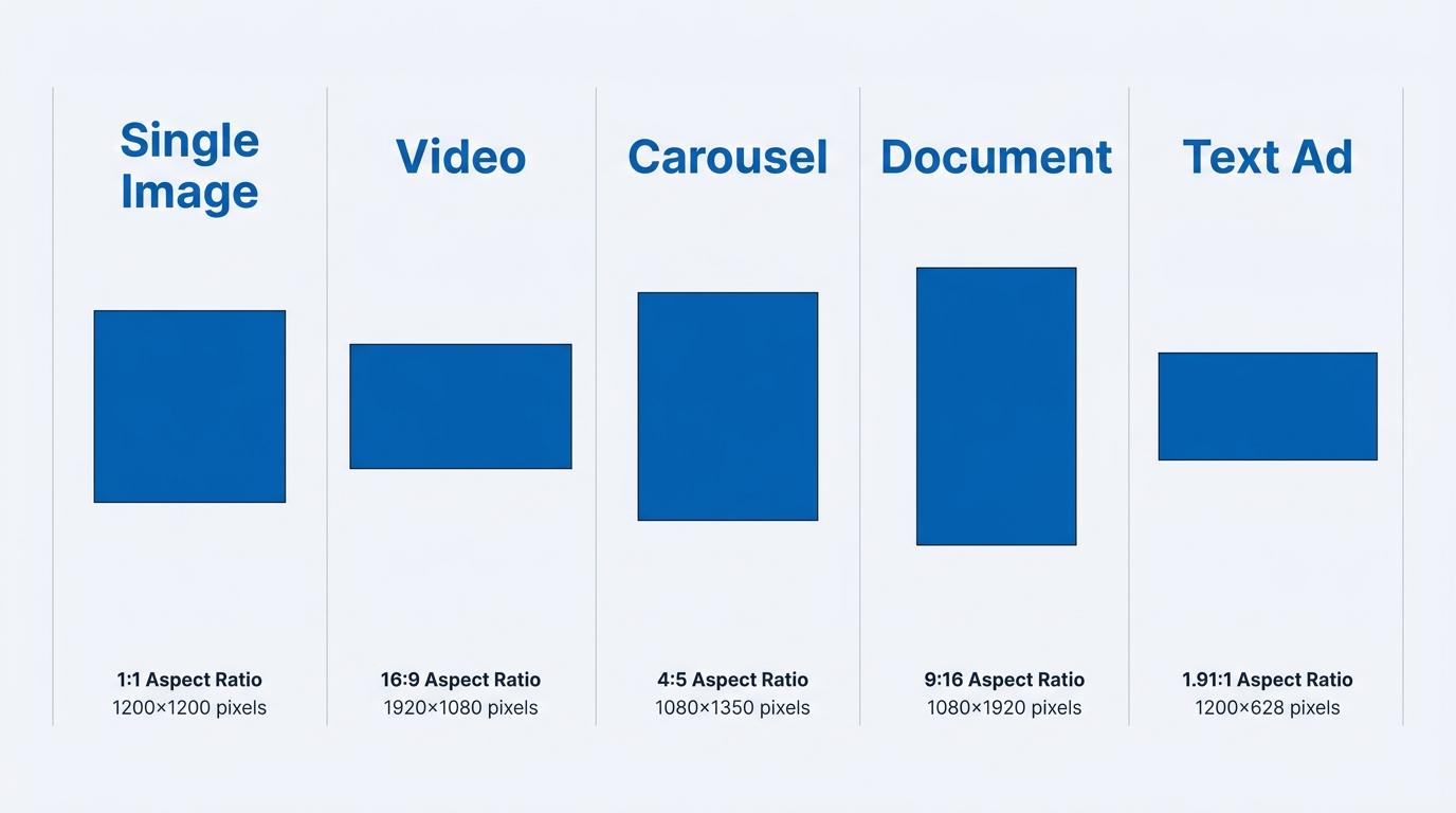 LinkedIn ad specs comparison infographic showing aspect ratios for five ad formats