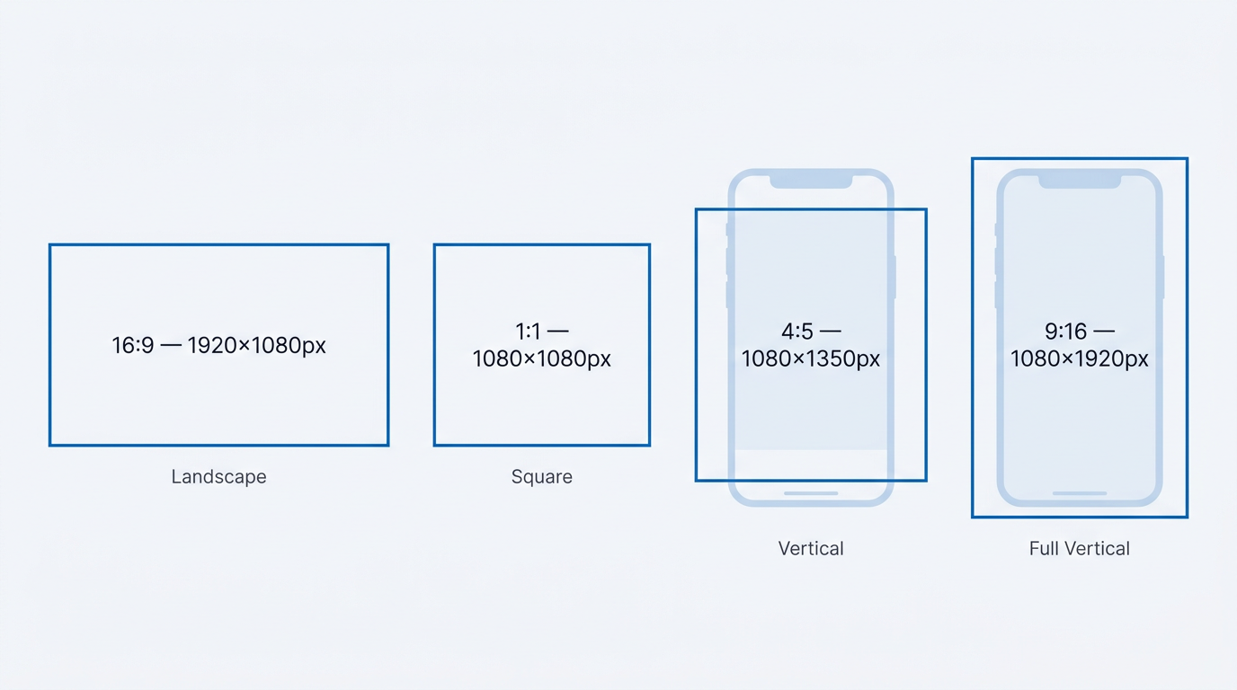 LinkedIn video ad specs diagram showing four supported aspect ratios with pixel dimensions