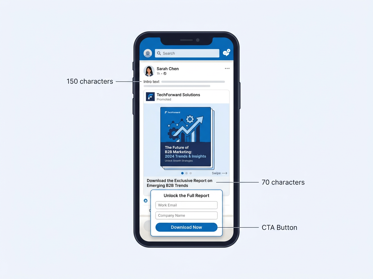 LinkedIn document ad specs illustration with lead gen form and character limit annotations