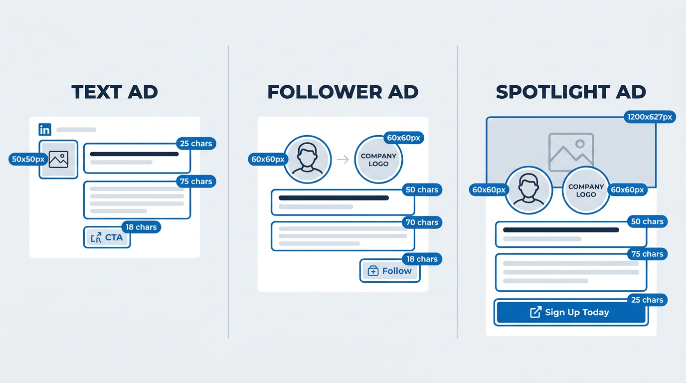 LinkedIn ad specs comparison of Text Ad, Follower Ad, and Spotlight Ad formats
