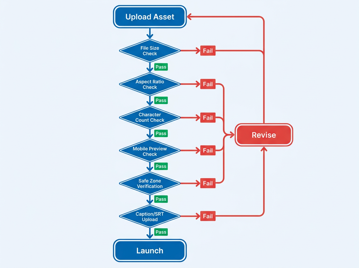 LinkedIn ad creative QA checklist flowchart with pass/fail decision gates