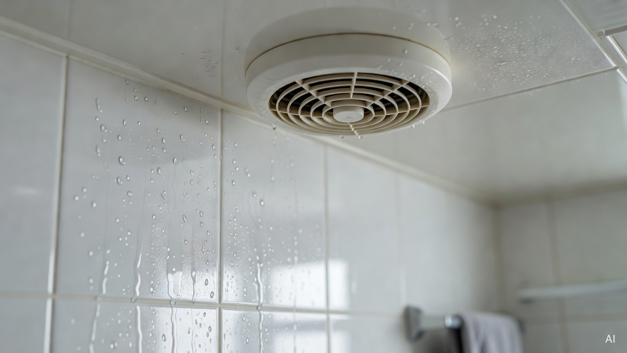 bathroom ventilation fan on ceiling with condensation on tiles below