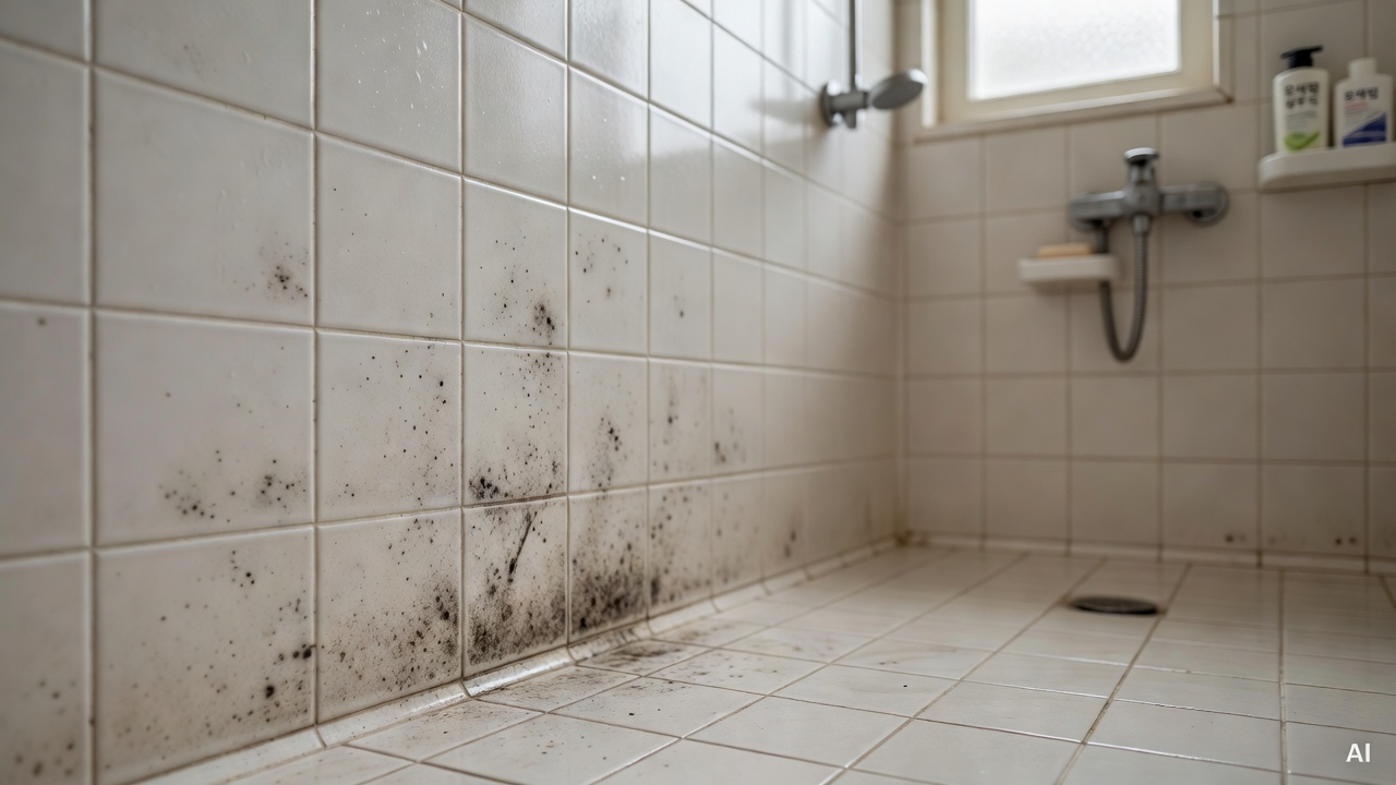 bathroom tile grout with black mold visible near shower area