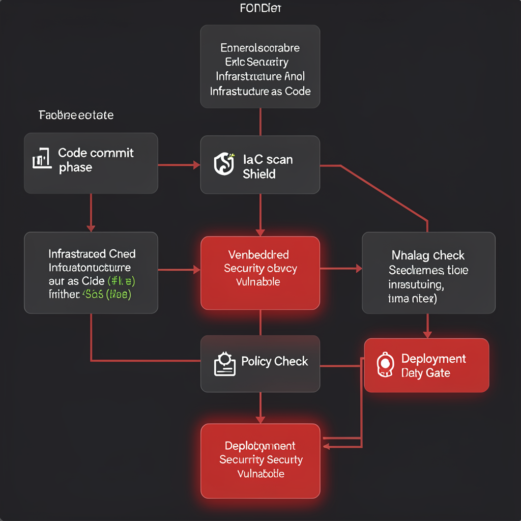 CI/CD pipeline flowchart showing embedded IaC security scanning stages from code commit through deployment