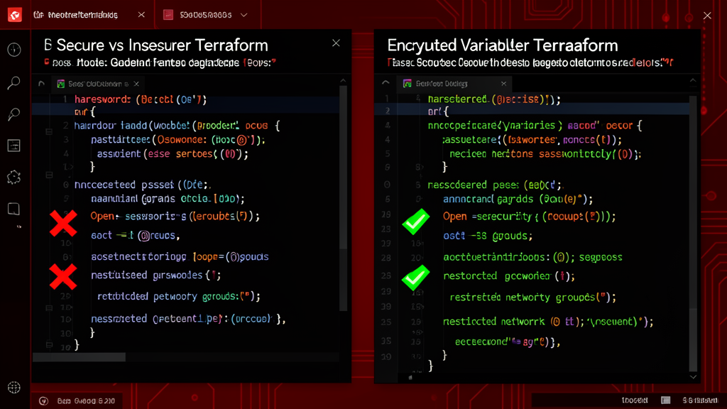 Side-by-side comparison of secure and insecure Terraform code showing hardcoded secrets vs encrypted variables
