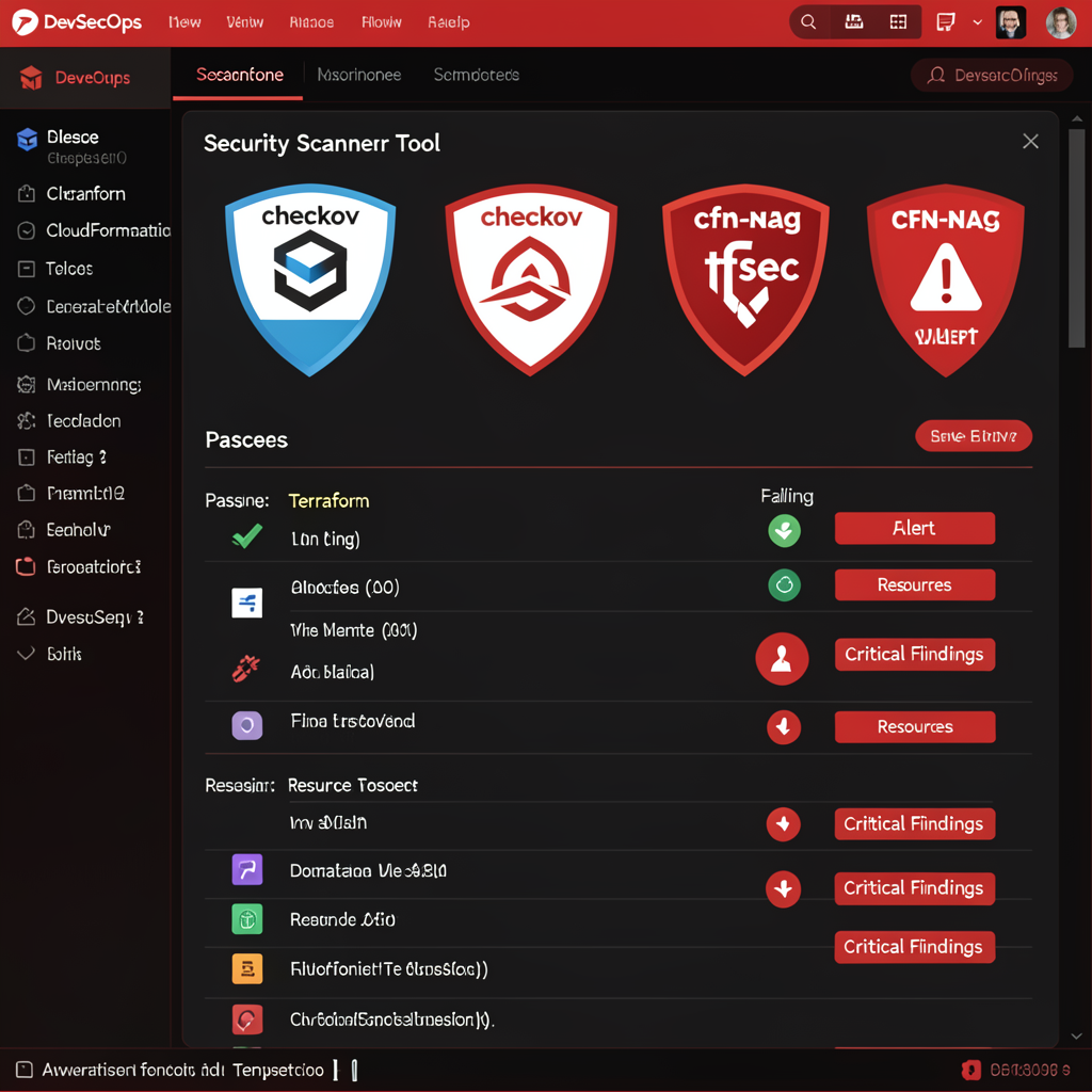 Security scanner dashboard showing Checkov and cfn-nag penetration testing results on Terraform and CloudFormation templates