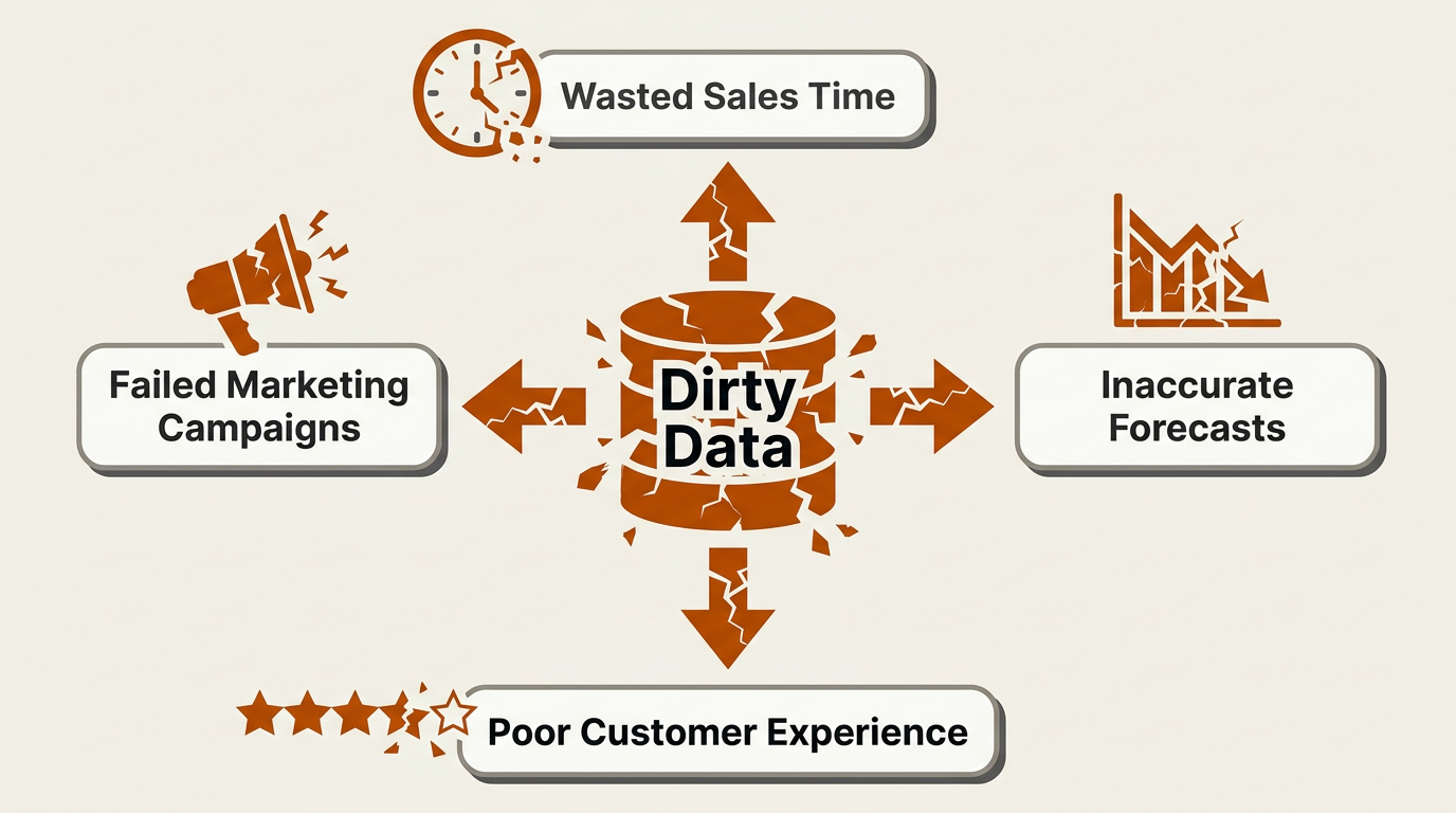 Radial diagram showing dirty data causing wasted sales time, failed campaigns, and poor customer experience