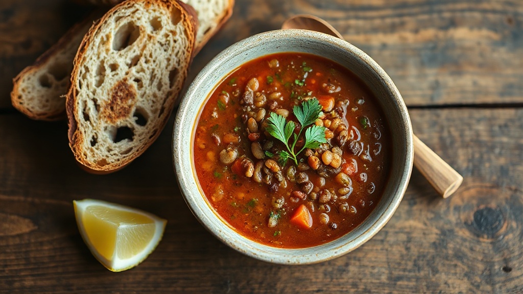 a rustic bowl of red lentil soup on a wooden table with crusty bread and a lemon wedge beside it