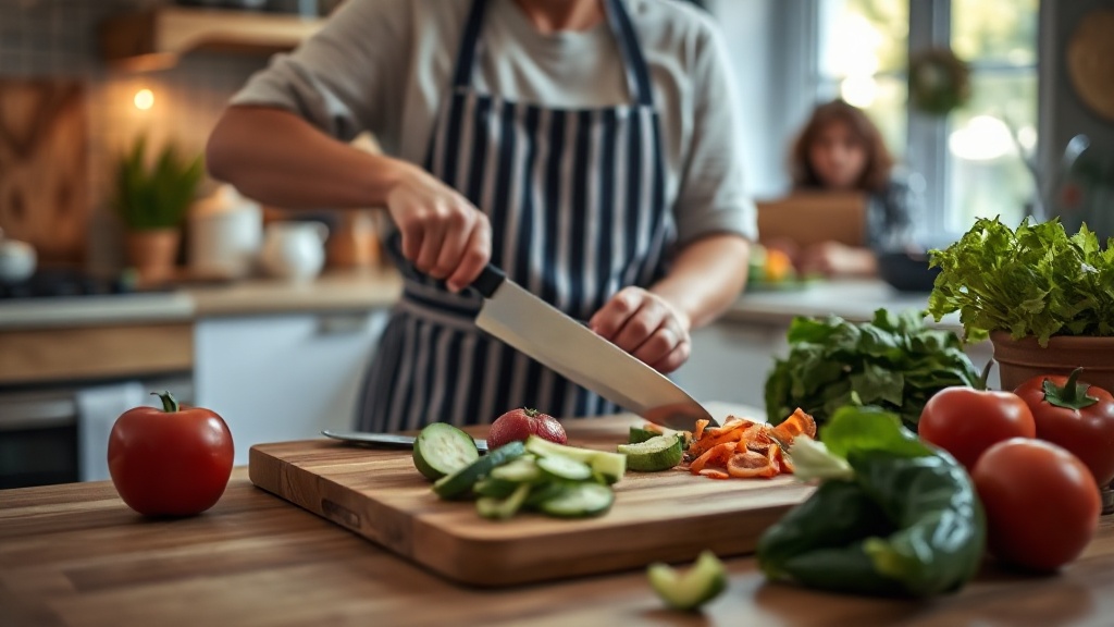 a home cook slicing fresh vegetables on a wooden cutting board in a bright kitchen at evening time