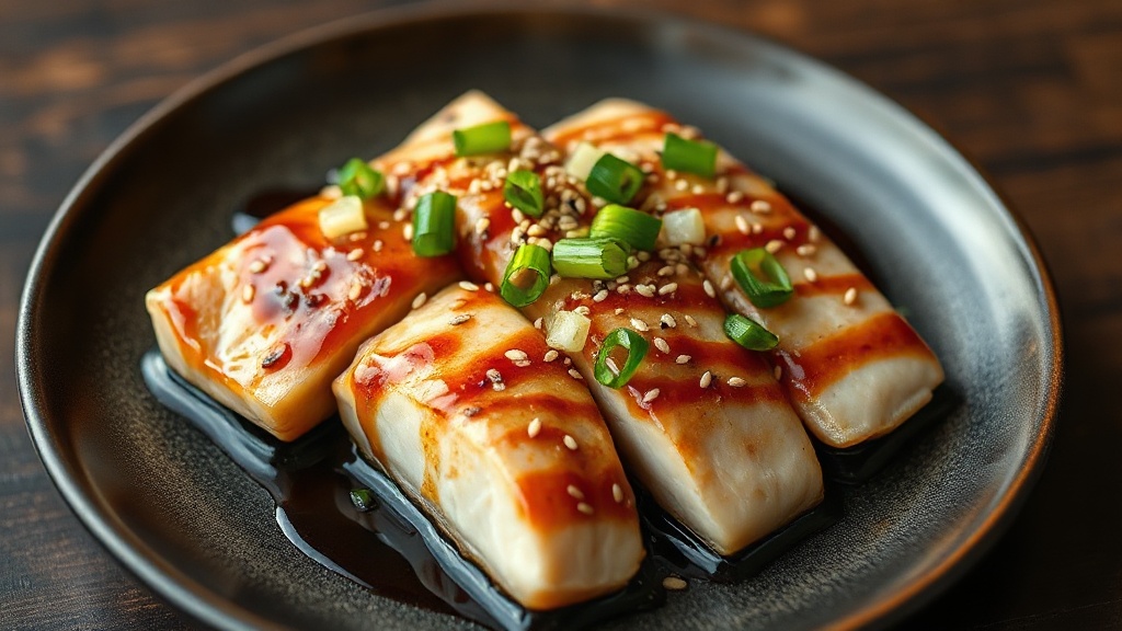 a plate of miso-glazed fish fillets garnished with scallions and sesame seeds on a dark ceramic dish