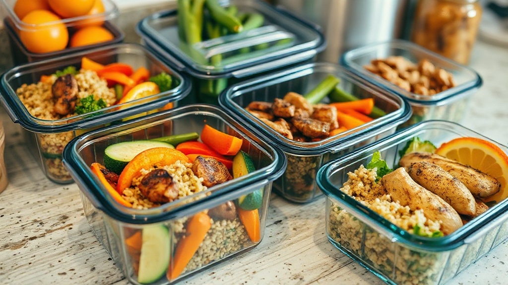 a photograph of meal prep containers filled with colorful roasted vegetables, grains, and grilled chicken on a kitchen counter