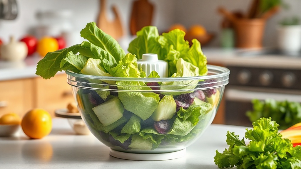 a photograph of a salad spinner with freshly washed green lettuce leaves and vegetables on a bright kitchen countertop