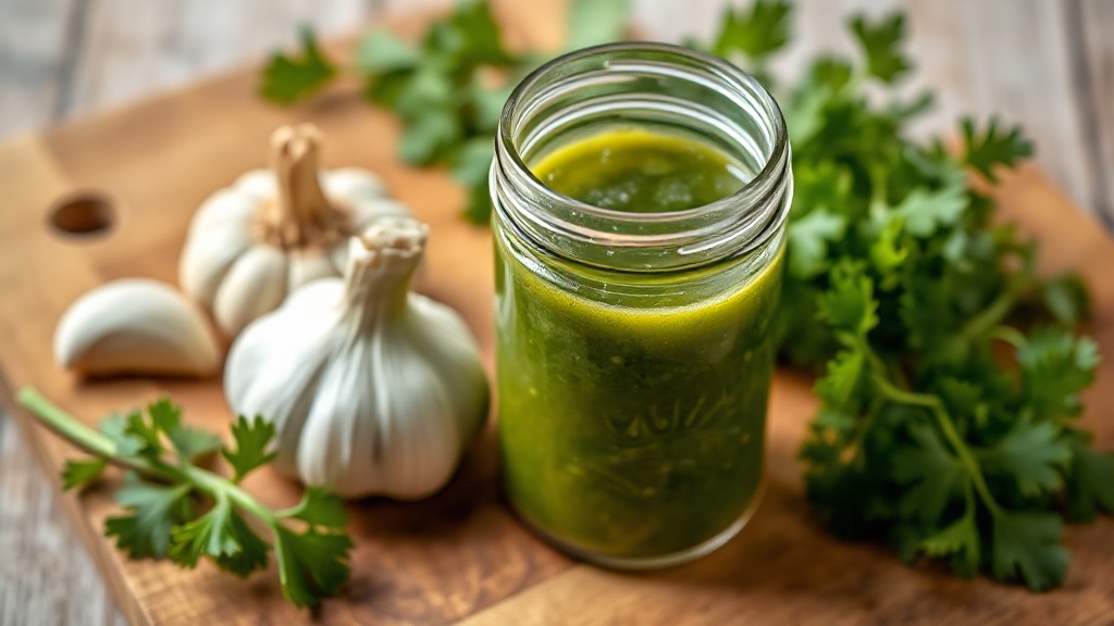 a photograph of a glass jar filled with bright green herb sauce beside garlic cloves and a bunch of fresh parsley on a wooden cutting board