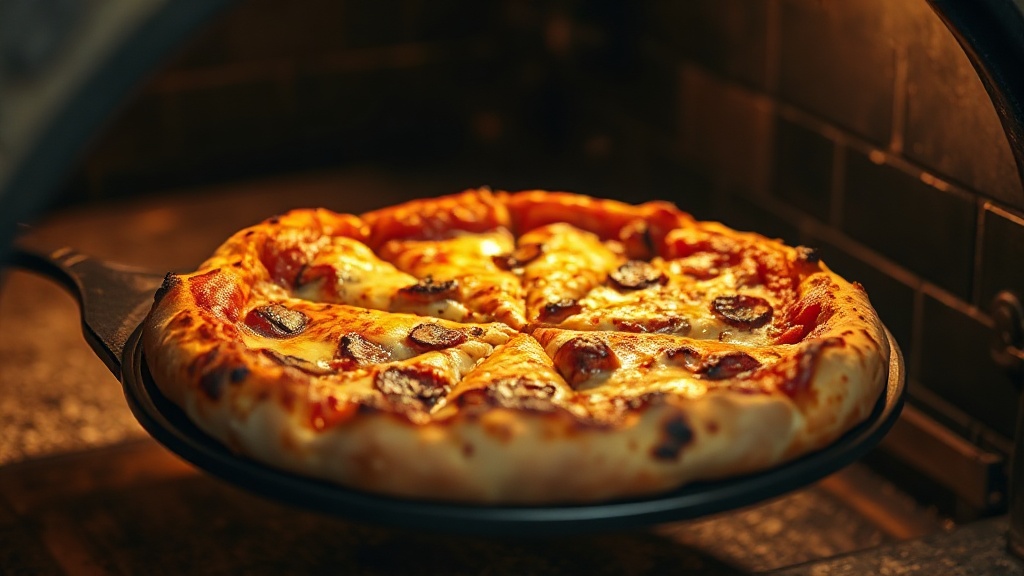freshly baked pizza with golden charred crust coming out of a hot oven on a pizza peel